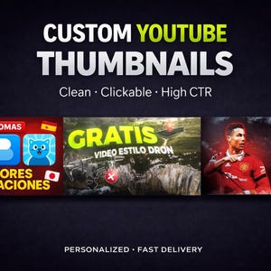 Puede incluir: Anuncio de miniaturas de YouTube personalizadas. El texto "Custom YouTube Thumbnails" está en blanco y verde, con la frase "Clean, Clickable, High CTR." Se muestran ejemplos de miniaturas, incluyendo aplicaciones de aprendizaje de idiomas.