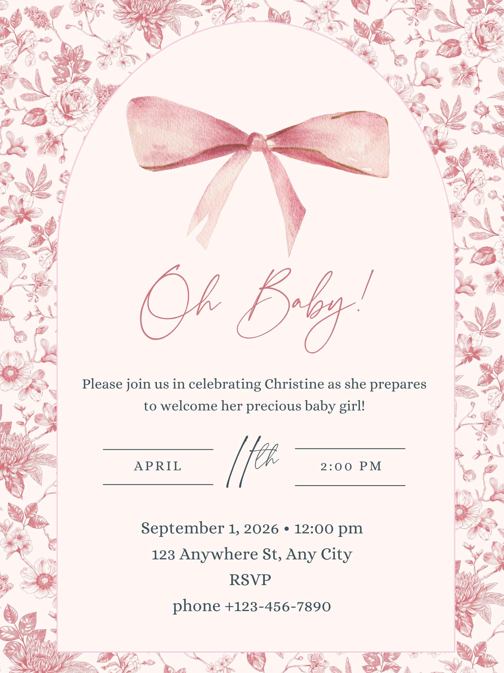 Pink Bow Baby Shower Invitation, Elegant Floral Canva Template (digital ...