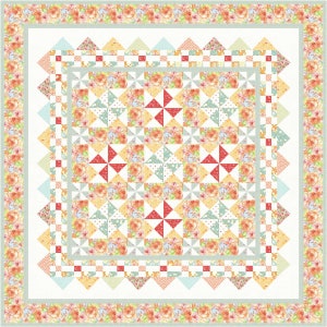 May include: A quilt with a floral pattern in shades of yellow, orange, red, and blue. The quilt is made up of squares and triangles, and it has a white background. The quilt is surrounded by a border of flowers.