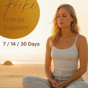 May include: A person in a white vest and light trousers sits in a meditative pose on a beach. A golden circle with the word "Reiki" and "Energy Support" is in the upper left. Text below reads "7 / 14 / 30 Days".