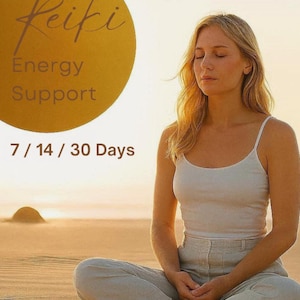May include: A woman in a white tank top and light pants sits in a meditative pose on a sandy beach. A golden circle with the word "Reiki" and "Energy Support" is in the upper left. The text "7 / 14 / 30 Days" is below.
