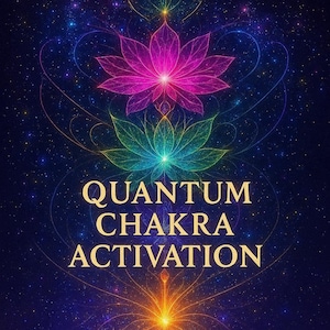Op de afbeelding: Digitale kunst met een kosmische achtergrond en een lotusbloemontwerp in roze en groen. De tekst "QUANTUM CHAKRA ACTIVATION" is goudkleurig. De afbeelding suggereert thema's van spiritualiteit en energie.