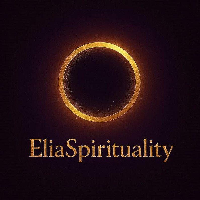 May include: A dark background with a gold ring and the text "Elia Spirituality" in gold. The ring is centered and has a glowing effect, with a dark center. The text is in a serif font.