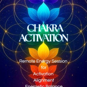 May include: A digital illustration featuring a lotus flower design in vibrant colors, including purple, blue, green, yellow, and orange. The text "CHAKRA ACTIVATION" is prominently displayed, along with additional text promoting a "Remote Energy Session."