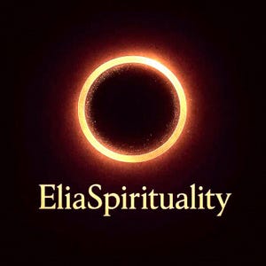May include: A glowing golden ring encircles a dark center, with the words "Elia Spirituality" in a gold font below. The background is a deep, dark brown, creating a dramatic contrast with the illuminated ring and text.