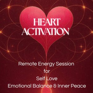 Könnte beinhalten: Digitalgrafik mit einem roten Herz und den weißen Worten „HEART ACTIVATION“. Darunter steht „Remote Energy Session for Self Love, Emotional Balance & Inner Peace“. Der Hintergrund ist ein Rot-Gold-Verlauf.