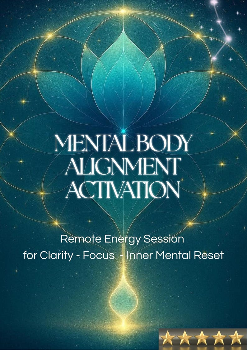 May include: A teal and gold digital art piece with the words "MENTAL BODY ALIGNMENT ACTIVATION." The image includes a stylized lotus flower and text that reads "Remote Energy Session for Clarity - Focus - Inner Mental Reset."