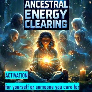 Pode incluir: Arte digital com uma figura central irradiando luz, rodeada por figuras etéreas. A imagem inclui o texto: "ANCESTRAL ENERGY CLEARING" e "ACTIVATION for yourself or someone you care for."