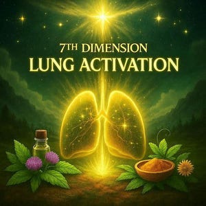 Könnte beinhalten: Digitales Kunstwerk mit dem Text "7th Dimension Lung Activation" über einem leuchtenden Lungenpaar. Eine Flasche, eine Schüssel und Blumen befinden sich im Vordergrund. Der Hintergrund ist dunkelgrün mit Sternen und Bergen.