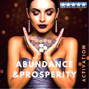 Könnte beinhalten: Eine Frau hält eine herzförmige Anordnung von Münzen. Das Bild zeigt den Text "ABUNDANCE & PROSPERITY ACTIVATION" in Weiß. Der Hintergrund ist eine verschwommene Mischung aus Braun- und Goldtönen, mit einer Fünf-Sterne-Bewertung oben rechts.