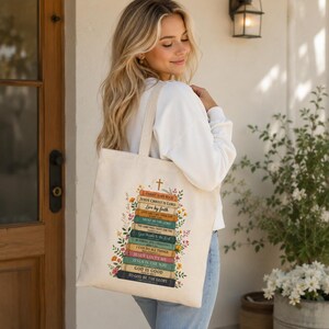 Christian Book Lover Tote Bag | Bible Verse Canvas Bag | Faith Gift for Women | Christian Library Tote | Religious Book Stack Bag