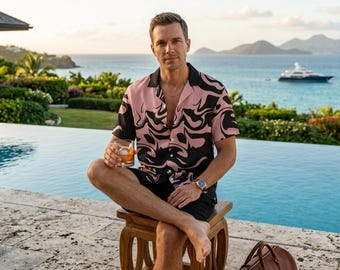 Men’s Pink Black Abstract Hawaiian Shirt | Summer Beach Button Up