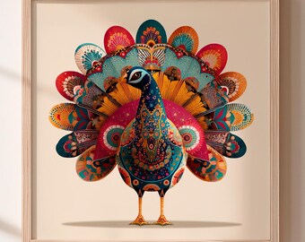Stampa artistica geometrica con pavone colorato, ideale per decorazioni murali moderne e massimaliste, e perfetta come idea regalo.