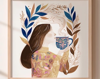 Impression d'art amateur de café moderne, décoration murale de cuisine vibrante, illustration numérique de fille rétro.