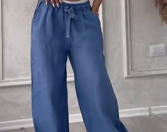 Pantaloni palazzo da donna in lino, pantaloni a gamba larga, pantaloni a vita alta con coulisse, pantaloni estivi