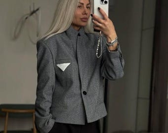 Blazer corto da donna in lana, giacca strutturata a spina di pesce, blazer corto monopetto, cappotto elegante casual