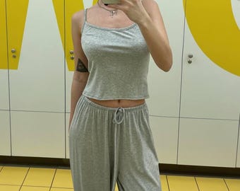 Completo in viscosa da donna, canotta e pantaloni palazzo, abbigliamento da casa in morbida viscosa, completo palazzo a gamba larga, outfit primaverile