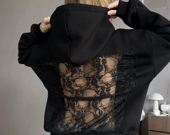 Felpa con cappuccio aperta sulla schiena con doppio cappuccio, pizzo e pile, felpa casual da strada