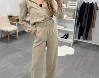Completo da donna con felpa con cappuccio in velluto e pantaloni a gamba larga, set da casa con zip, tuta morbida a due pezzi
