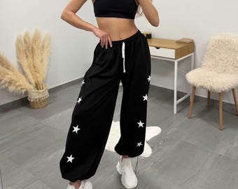Pantaloni da jogging da donna con stampa a stelle, pantaloni della tuta a gamba larga oversize, pantaloni casual da casa con coulisse