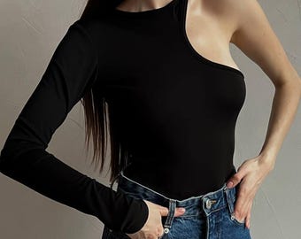 Body monospalla da donna, body con cut-out, top elasticizzato aderente, body bianco e nero