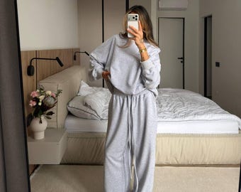 Tuta da donna in cotone, felpa oversize e pantaloni a gamba larga, set da casa due pezzi, completo casual