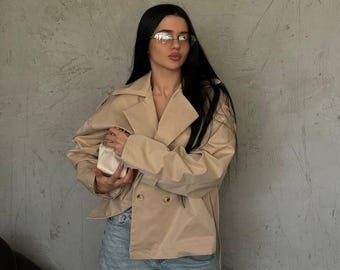 Trench primaverile in cotone da donna, cappotto corto in cotone memory con cintura, capospalla leggero, elegante giacca primaverile