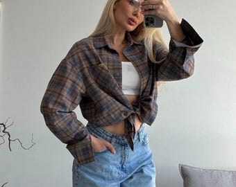 Camicia a quadri in flanella oversize da donna, camicia a maniche lunghe ampia con bottoni, giacca-cappotto a quadri color cappuccino