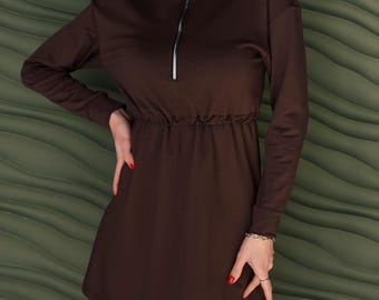 Abito oversize in maglia da donna, abito a collo alto con zip, abito con coulisse in vita, abito midi casual