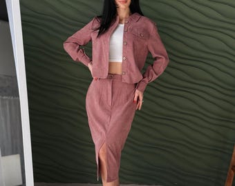 Completo gonna in velluto da donna, giacca e gonna midi, completo due pezzi in pelle scamosciata, abbigliamento da ufficio