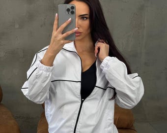 Giacca a vento oversize da donna, giacca a guscio con cerniera, giacca bomber primaverile, giacca con profili a contrasto