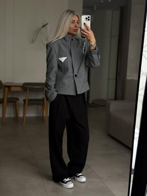 Wool Crop Blazer Women, Herringbone Structured Jacket, Single Button Short Blazer, Smart Casual Coat