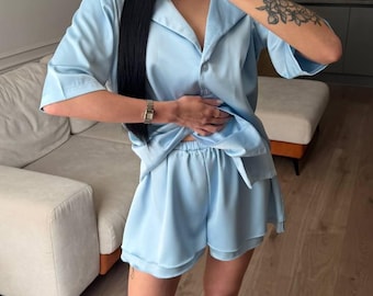 Satin Shirt and Shorts Set Women, Silk Button Shirt and Shorts, Two Piece Lounge Set, Summer Co-ord