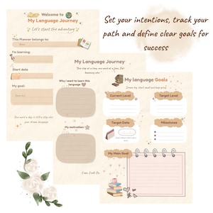 May include: A beige language learning planner with the text "My Language Journey" and prompts for goals, start dates, and motivation. Includes the text "Let's start the adventure" and "Dream big, start small and keep going."