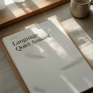 Puede incluir: Una pila de papel blanco con el texto "Language Quiet Assisant" en fuente negra. El papel tiene un respaldo marrón y está sobre una superficie gris. También se ven una taza beige y un vaso con plantas secas.