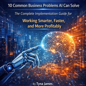 May include: Book cover for "AI FOR SMES" detailing AI solutions for business challenges. It shows a robotic hand touching a glowing brain graphic, set against a blue and orange digital backdrop. The text includes "Working Smarter".