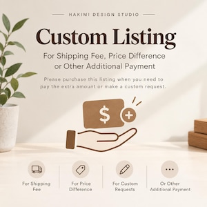 May include: A graphic design with the text HAKIMI DESIGN STUDIO and Custom Listing For Shipping Fee, Price Difference or Other Additional Payment. It features an icon of a hand holding a card with a dollar sign and a plus symbol icon.