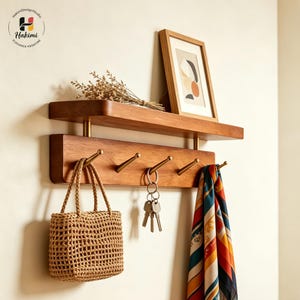 Puede incluir: Un estante de madera montado en la pared con un soporte inferior que cuenta con cinco ganchos de tono latón. Un bolso beige tejido, un llavero de metal y una bufanda de rayas multicolor cuelgan de los ganchos. Un cuadro abstracto está en el estante.