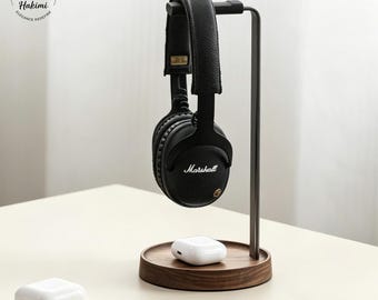 Support pour casque en noyer avec plateau, support de casque en bois massif, support de casque de jeu minimaliste pour organisateur de bureau à domicile