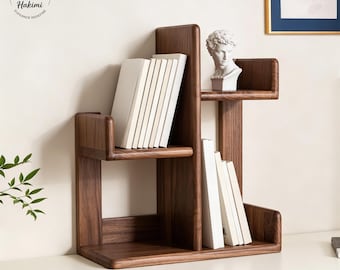 Solid Walnut Wood Desktop Bookshelf,Handmade Minimalist Storage Organizer for Home Office Essentials
