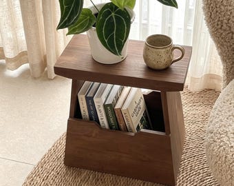 Solid Wood Storage Side Table, Handcrafted Pine End Table, Minimalist Bookcase Holder, Nightstand Stool for Living Room Bedroom