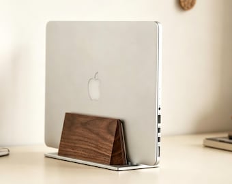 Walnut Vertical Laptop Stand Adjustable,MacBook Dock,Desktop Notebook Holder,Minimalist Space Saving Organizer