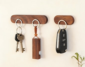 Walnut Beech Wood Magnetic Key Holder Wall Mount, Minimalist Entryway Keys Rack, Solid Wood Organizer