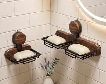 Walnut Soap Shelf Wall-Mounted, Soap Holder, Wall Mounted Dish&Tray, Adhesive No Drill Bathroom Organizer, Waterproof Design