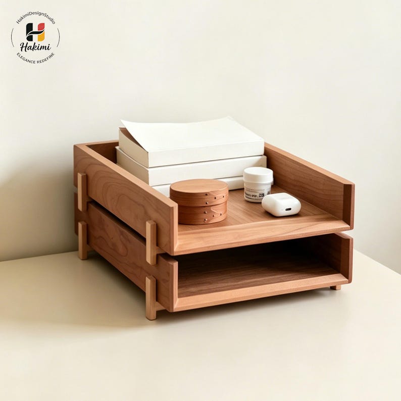 K&ouml;nnte beinhalten: Ein zweistufiger Schreibtisch-Organizer aus Holz in warmem Braun. Er enth&auml;lt wei&szlig;e Boxen, einen kleinen runden Holzbeh&auml;lter, ein wei&szlig;es Glas und wei&szlig;e kabellose Ohrh&ouml;rer. Das Design ist minimalistisch.