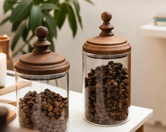Walnussholz und Glaskaffeebohnenbehälter | Luftdichtes Vorratsglas Home Bar Decor