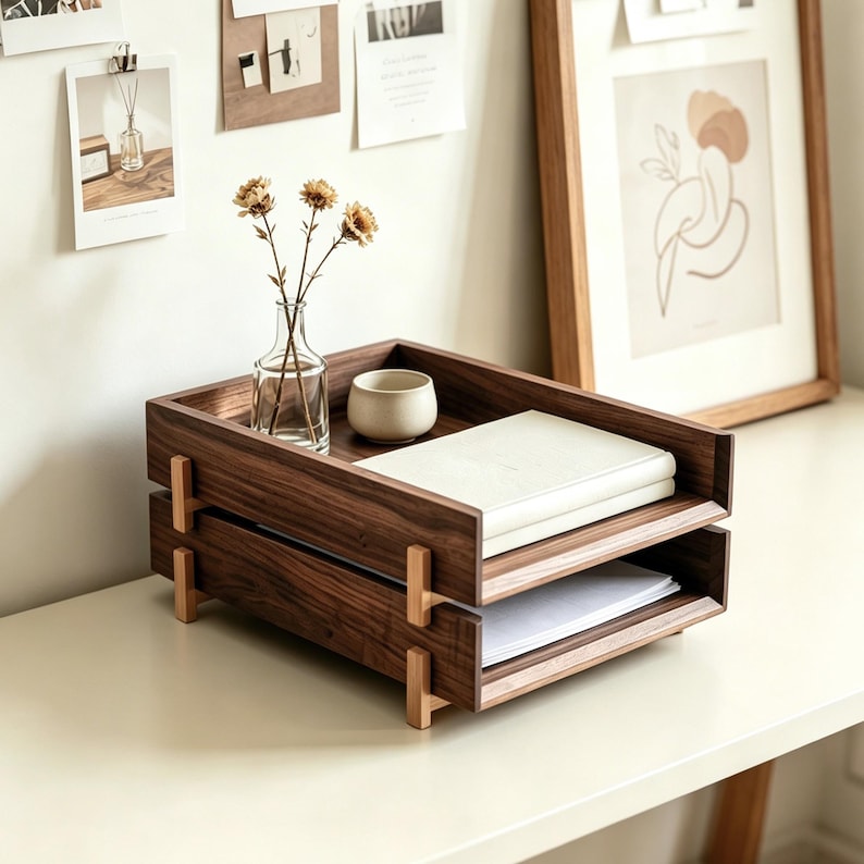 K&ouml;nnte beinhalten: Ein zweistufiger Schreibtisch-Organizer aus Holz mit dunkelbraunem Finish. Die obere Ebene enth&auml;lt eine kleine Vase mit getrockneten Blumen und eine kleine beige Tasse. Die untere Ebene enth&auml;lt einen Stapel wei&szlig;es Papier.