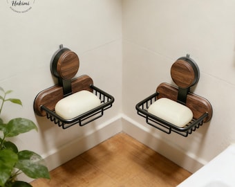 Walnut Soap Holder, Wall Mounted Dish&Tray, Adhesive No Drill Bathroom Organizer