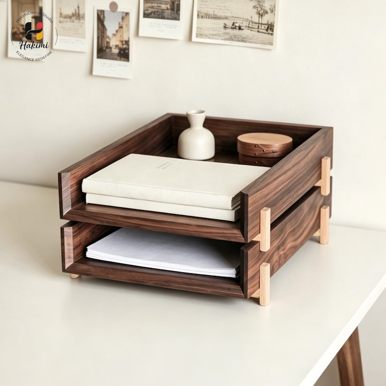 K&ouml;nnte beinhalten: Ein zweistufiger Schreibtisch-Organizer aus Holz mit dunkelbraunem Finish. Der Organizer enth&auml;lt einen Stapel wei&szlig;es Papier und einen Stapel wei&szlig;er B&uuml;cher. Oben stehen eine kleine wei&szlig;e Vase und eine Holzkiste. Der Organizer steht auf einer wei&szlig;en Oberfl&auml;che.
