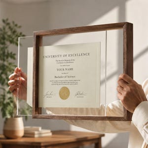 Könnte beinhalten: Ein rechteckiger, hölzerner Schweberahmen mit einem cremefarbenen Diplom der University of Excellence. Das Diplom zeigt schwarzen Text, ein goldenes Siegel und zwei Unterschriften. Der Rahmen besteht aus einem dunklen Holzrand und klaren Acrylplatten.